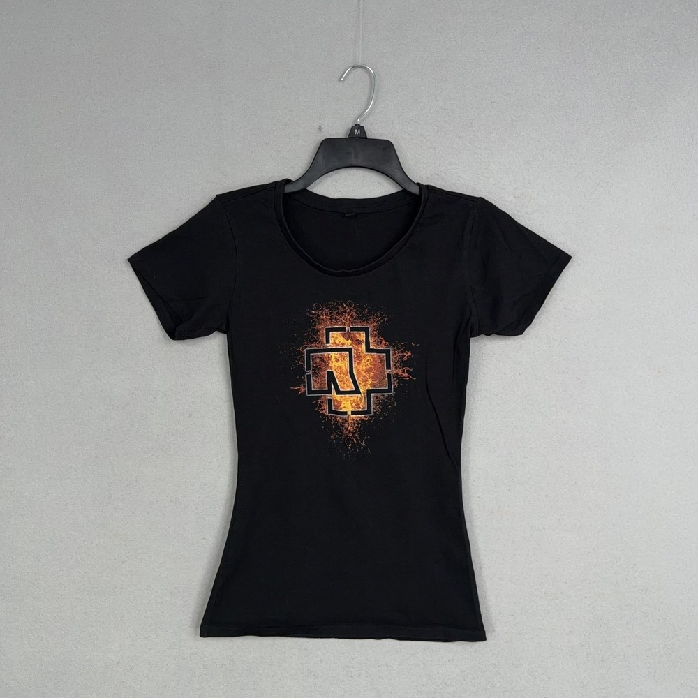 Rammstein Shirt Womens Small Black Flame Logo Crew Neck Rock Band Slim Tee Top